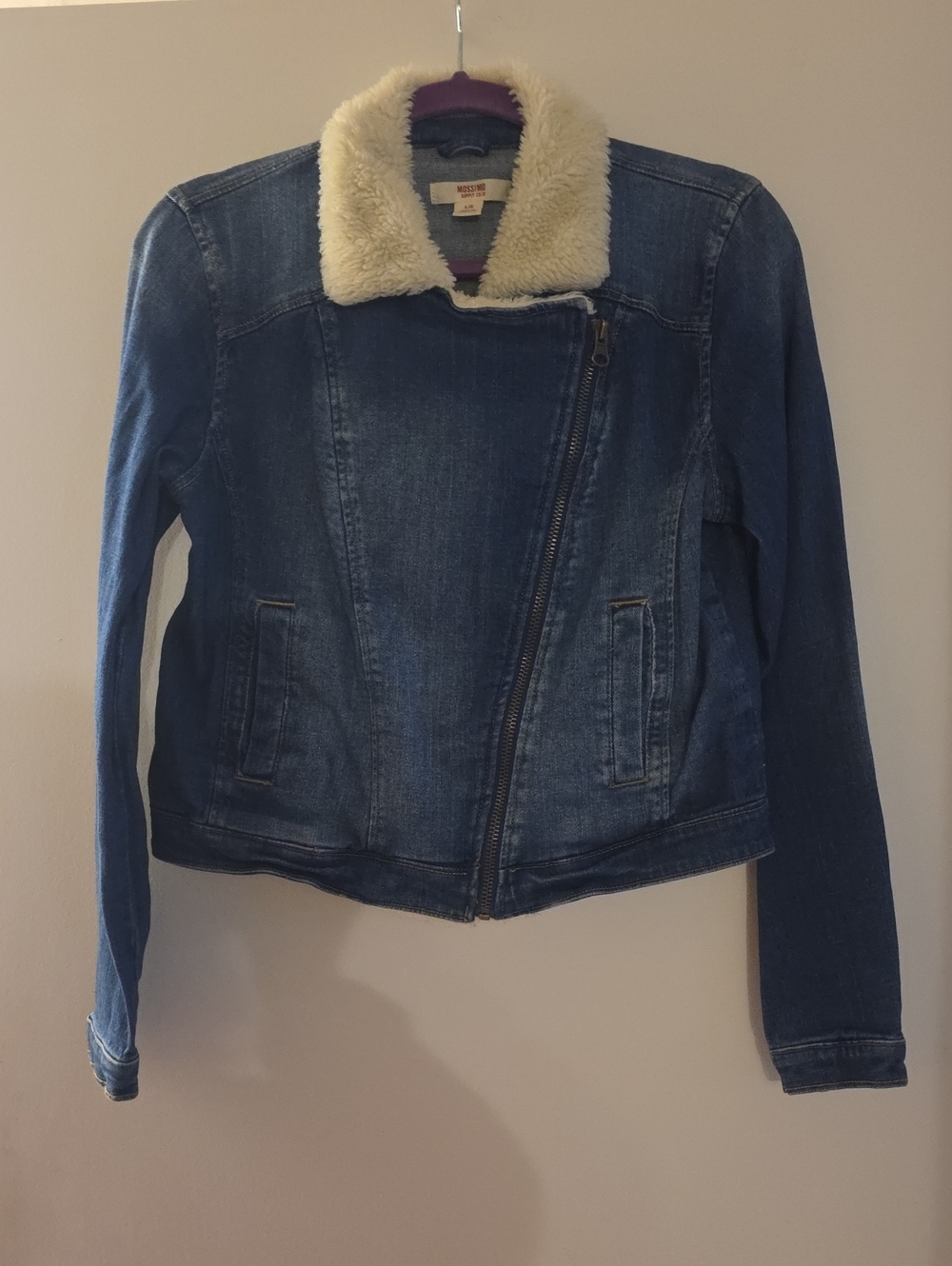 Mossimo Supply Co. Blue Denim Jacket with Cream Faux Shearling Collar